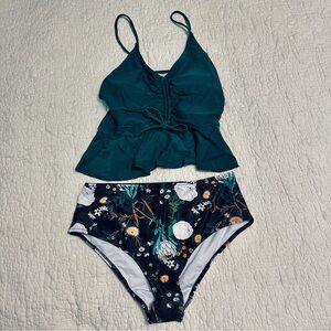 NEW Beachsissi Tankini Swimsuit Sz Lg Floral V Neck High Rise Peplum Adj Straps